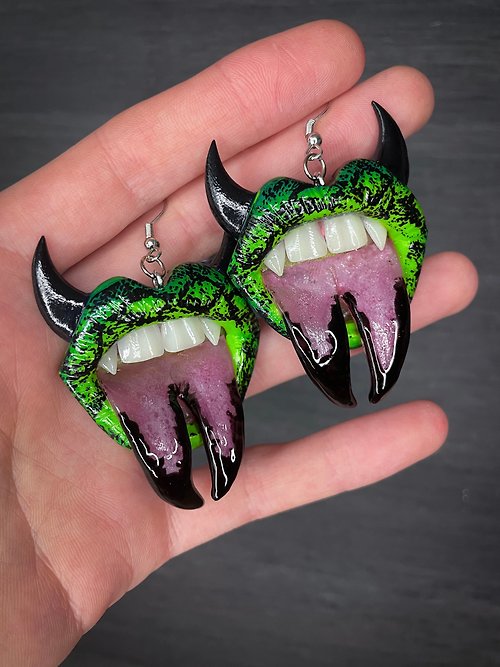 Polymer Diary Earrings. Green snake lips with horns.