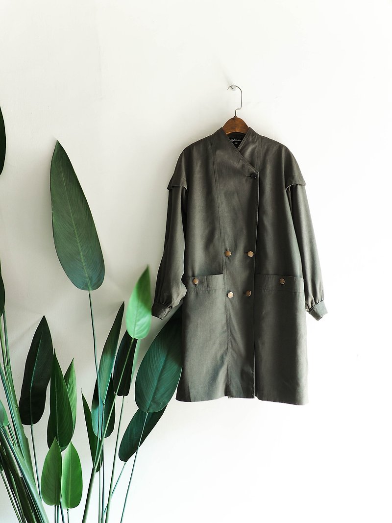 Shizuoka dark green velvet bright structure 澎 sleeve antique thin material windbreaker jacket trenchcoat dustcoat - Women's Casual & Functional Jackets - Polyester Green