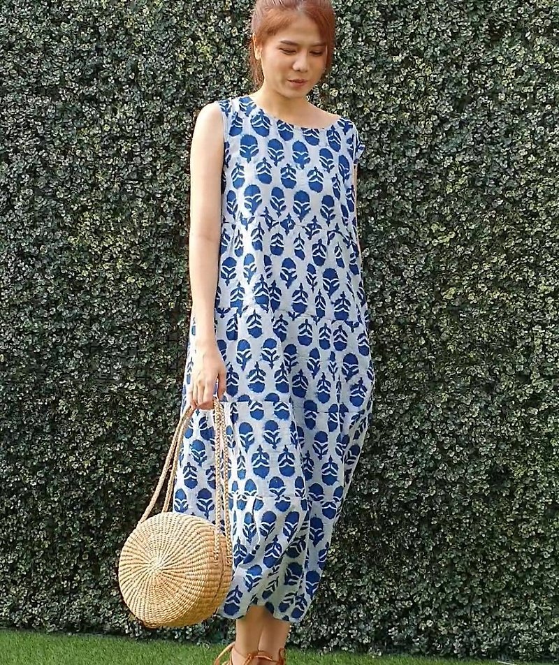 Cotton Maxi Dress Cotton loose dress Straight Dree - Blue and White pattern - One Piece Dresses - Cotton & Hemp Blue