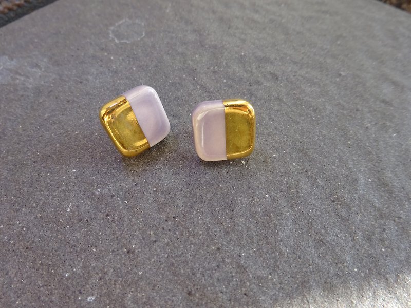 Gold square twin color earrings / earrings / lavender - ต่างหู - ดินเผา สีม่วง