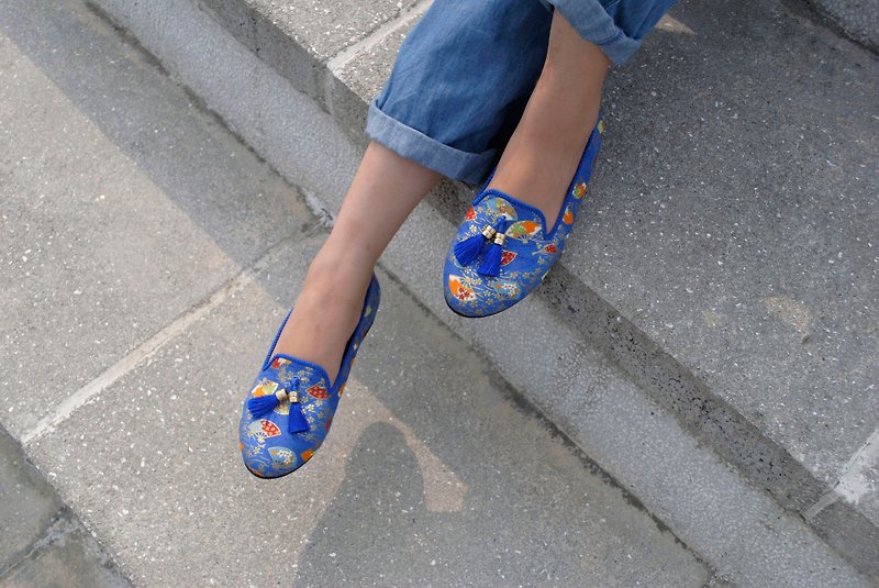 [Beijing] fan of handmade shoes limited edition Chinese knot Chinese wind Japanese style gilt leather shoes Baoxie flow within Sule Fu / Japan imported fabric upper / leather lining Model: B91903 sapphire blue - Women's Oxford Shoes - Genuine Leather Blue