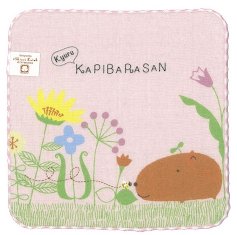 【Kato Shinji】 KAPIBARASAN Diaoyu Jun Garden Pattern Scarf / Handkerchief / Hand Towel (Made in Japan) - Towels - Cotton & Hemp Pink