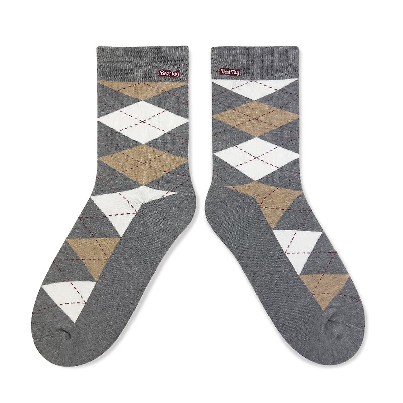 Argyle Light Grey/Beige Socks - ถุงเท้า - ผ้าฝ้าย/ผ้าลินิน สีเทา