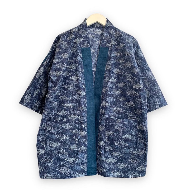Kimono Style Outer With Three Quarter Sleeves - 男夾克/外套 - 棉．麻 藍色