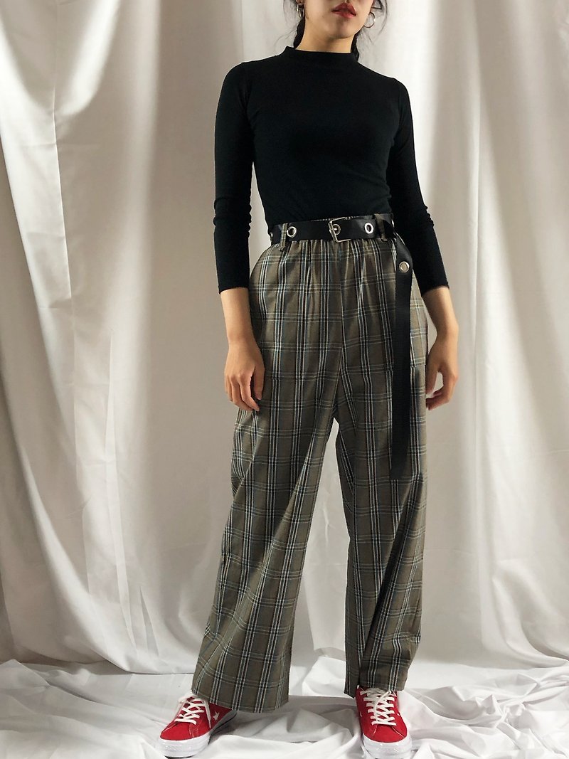 Check wide tube trousers-coffee - Women's Pants - Cotton & Hemp Brown