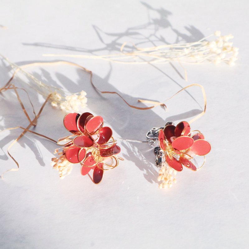 Purely。glitter jellyfish / Pendant + Ear pin / Pendant 925 pure silver ear pin - Earrings & Clip-ons - Resin Red