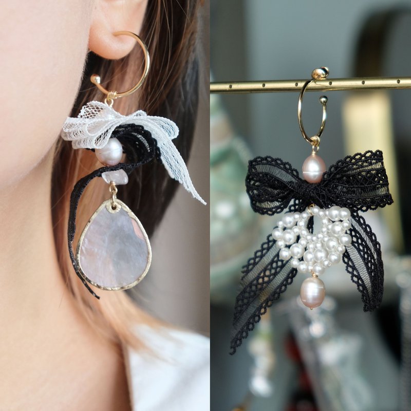 Romantic lace bow beaded pink freshwater mother-of-pearl asymmetric earrings and Clip-On E360 - ต่างหู - ไข่มุก สีดำ