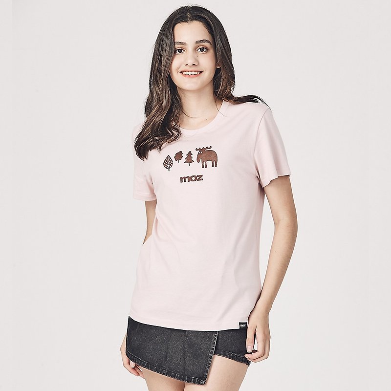 moz瑞典 森林駝鹿印花100%純棉短T(標準版)柔粉(亞洲版)女款 - T 恤 - 棉．麻 粉紅色