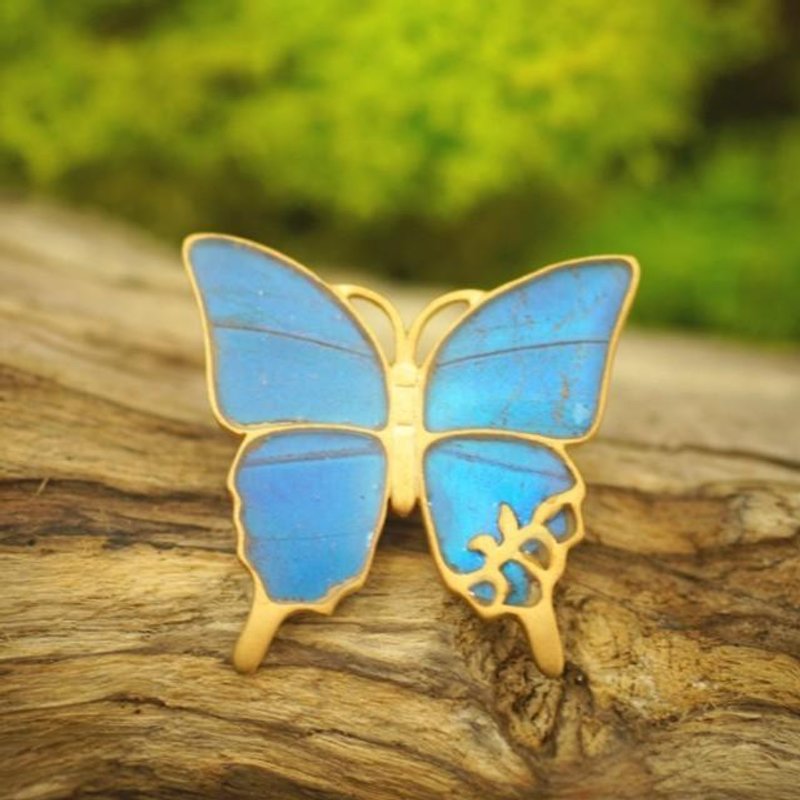 モルフォ蝶の大きなアンティークブローチ - ブローチ - 金属 ブルー