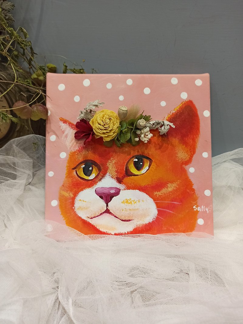 Acrylic Painted Orange Cat and Flower New Year's Gift Dry Flower Eternal Flower - วาดภาพ/ศิลปะการเขียน - ผ้าฝ้าย/ผ้าลินิน 