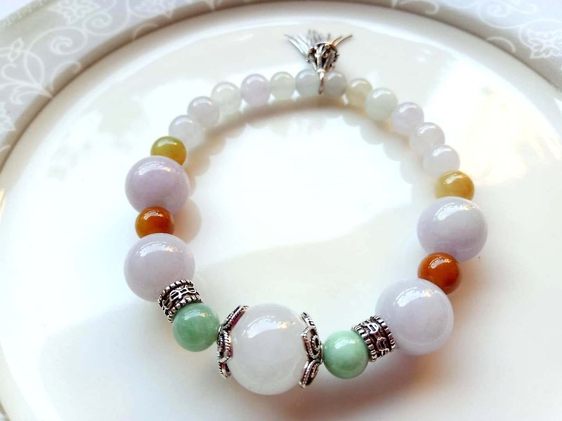 Natural Burmese jade A goods jade ~ ice colorful jade beads sterling silver bracelet - Bracelets - Jade 