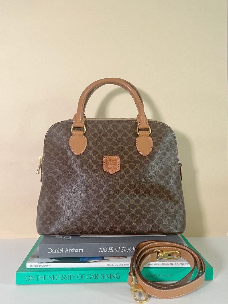 Celine中古凱旋門啡色皮革貝殼包手提斜背包 原裝肩帶日本Vintage - 側背包/斜背包 - 真皮 咖啡色