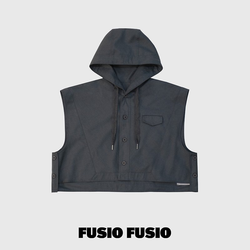 FUSIO FUSIO - 短版連帽背心 - 灰藍 - 男背心 - 聚酯纖維 藍色