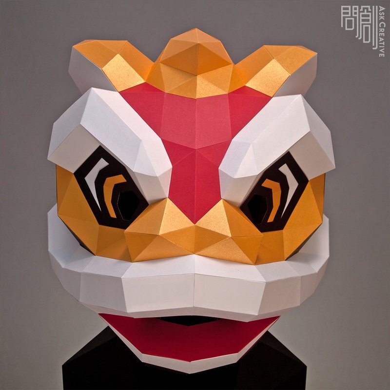 DIY handmade 3D paper model gift decorations festive series-Lion Dance Mask - Stuffed Dolls & Figurines - Paper Khaki