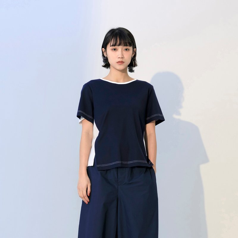 單開衩配色針織上衣 - 女 T 恤 - 棉．麻 藍色