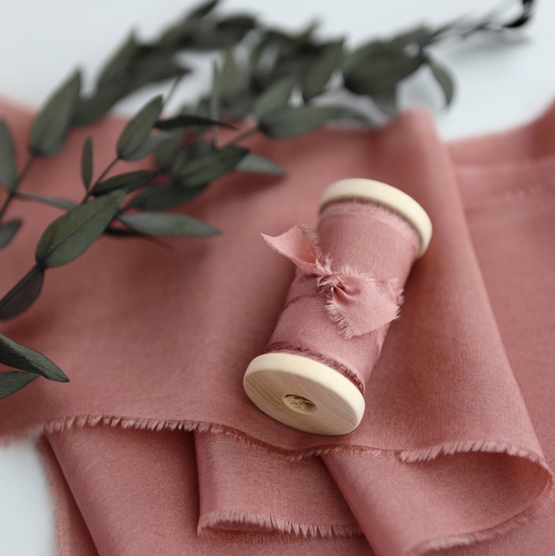 Desert Rose Silk Ribbon / Hand Dyed Silk ribbon on Wooden Spool - 包裝材料/包裝紙 - 絲．絹 紅色