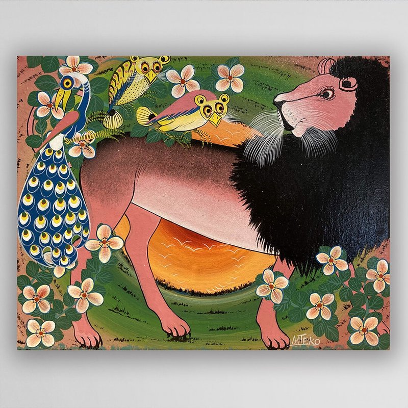 【T897獅子與朋友-Mteko】非洲藝術空運來台/36x28cm - 海報/掛畫/掛布 - 其他材質 