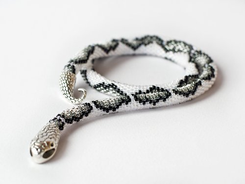 IrisBeadsArt White snake necklace, Beaded choker, Ouroboros, Seed bead necklace