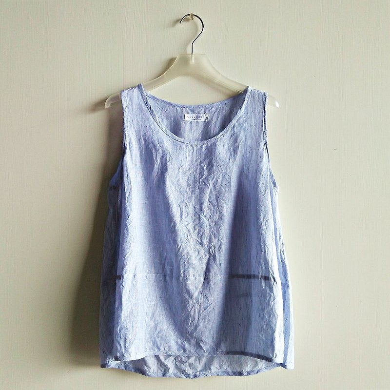 Micro-fluid stitching vest linen blue and white mixed color - Women's Vests - Cotton & Hemp Multicolor