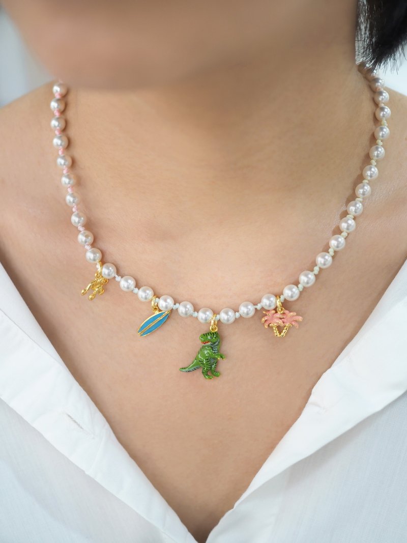 T-Rex Surfer Pearl Choker Pastel and Rainbow, Pearl necklace with T-Rex charms - Chokers - Sterling Silver 