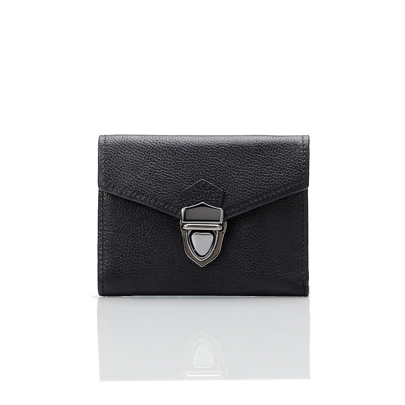 Black leather V-shaped middle clip - กระเป๋าสตางค์ - หนังแท้ สีดำ