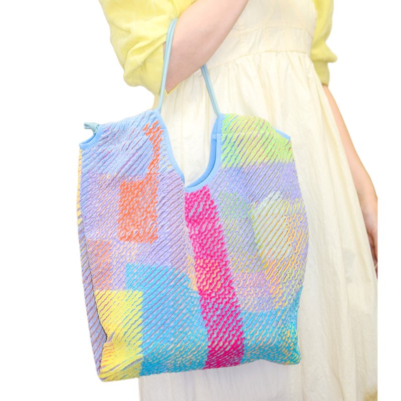 モケモマチ付きビッグトートバッグ Pastel Blue スラッシュキルト - 手提包/手提袋 - 棉．麻 藍色