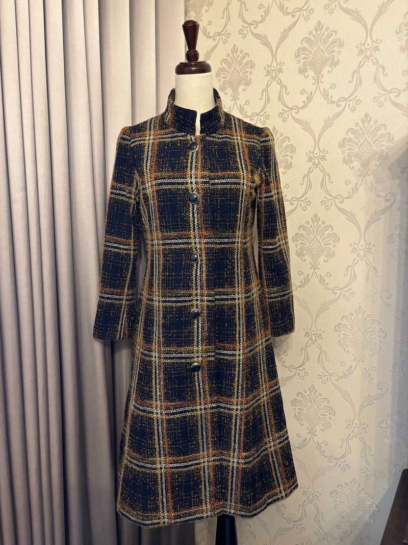 小版型深藍格紋立領毛呢修身古著大衣私人訂製 - 女大衣/外套 - 羊毛 藍色