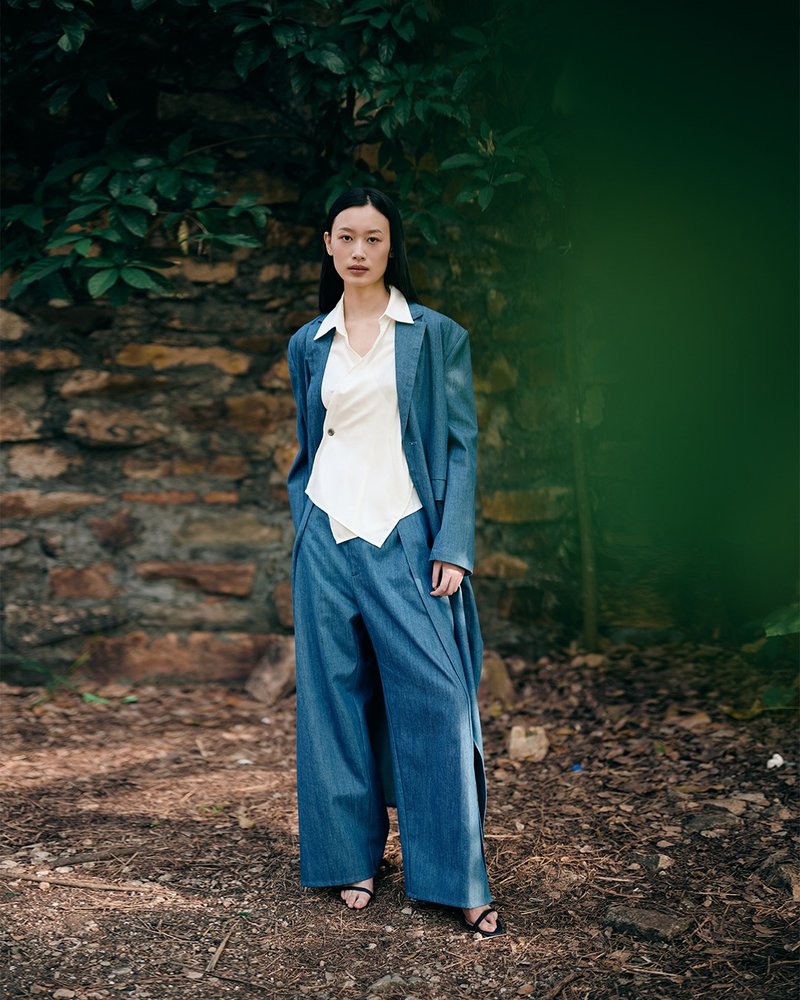 兩側互搭開叉牛仔褲 - 女長褲 - 棉．麻 藍色