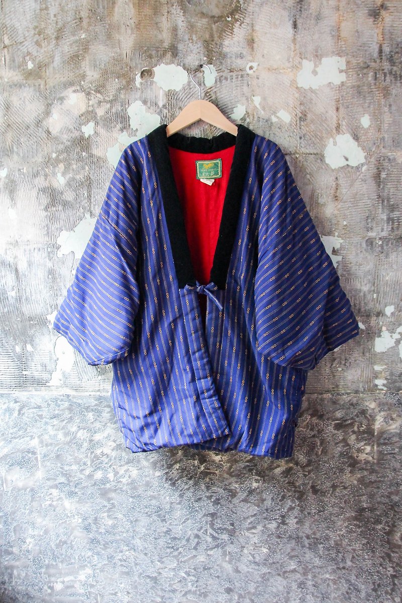 裊裊百貨公司-Vintage 日本藍色鏈條布花半纏 棉襖外套 復古著 - 外套/大衣 - 棉．麻 