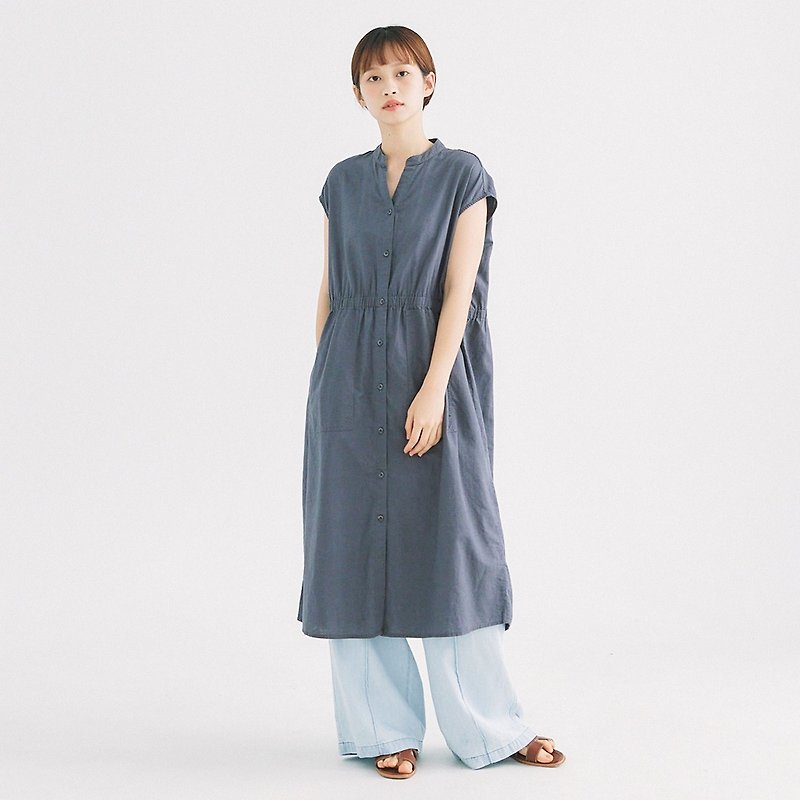 【Simply Yours】Shrunk Linen and linen sleeveless dress Gray F - ชุดเดรส - ผ้าฝ้าย/ผ้าลินิน สีเทา