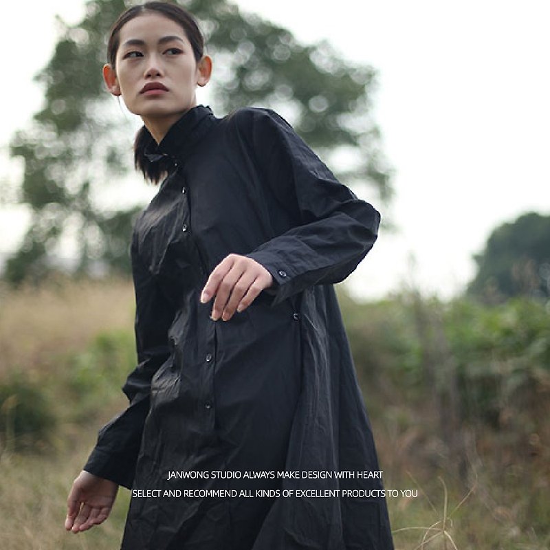 Long Long Sleeve Asymmetric OVERSIZE Shirt Women Dress Casual Shirt Dress Dark Pastoral Style - ชุดเดรส - ผ้าฝ้าย/ผ้าลินิน สีดำ