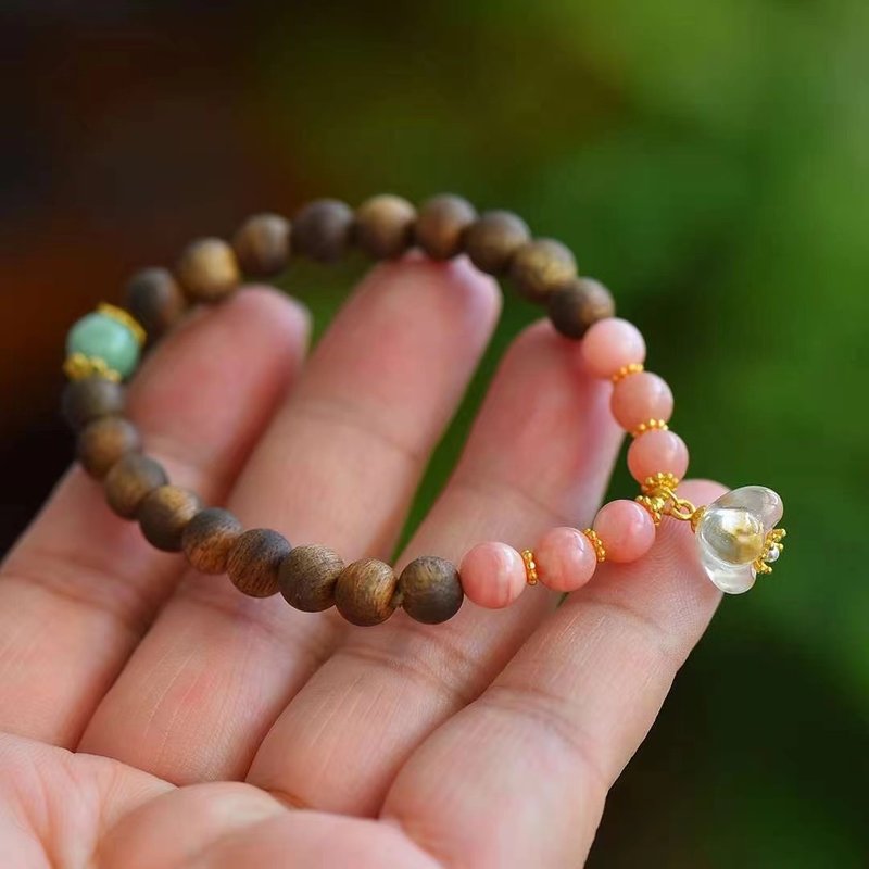 天然沈香珠/沉香珠 粉澳寶白水晶桂花設計手串手持f - 手鍊/手環 - 木頭 咖啡色