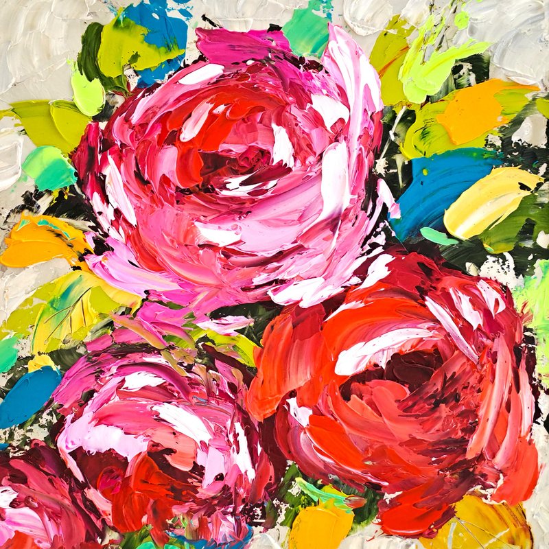 Rose Painting Floral Original Art Roses Impasto Oil Painting Flower Small Art - 海報/掛畫/掛布 - 其他材質 多色