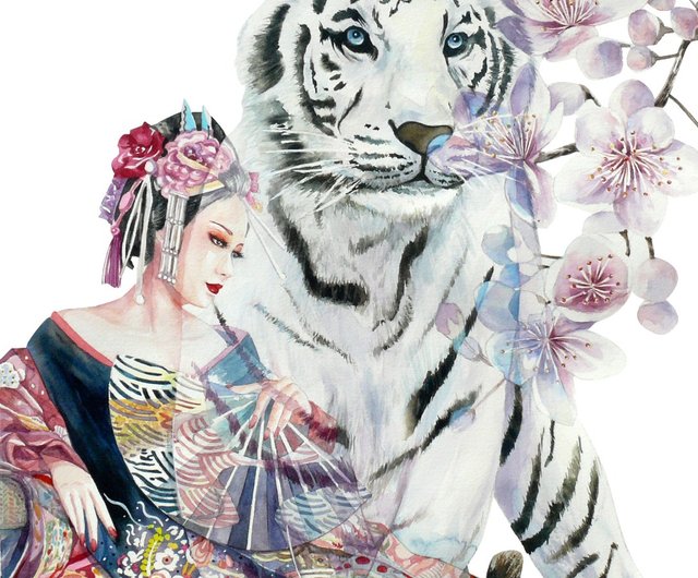 桜影虎チャーム-虎風絵画-逃走時間-オリジナル水彩画アート絵画
