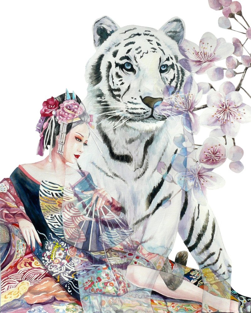 Sakura Shadow Tiger Charm-Tiger Style Painting-Fleeing Time-Original Watercolor Art Painting/Art Hanging Painting/Ukiyo-e/Home Decoration - โปสเตอร์ - กระดาษ สีใส