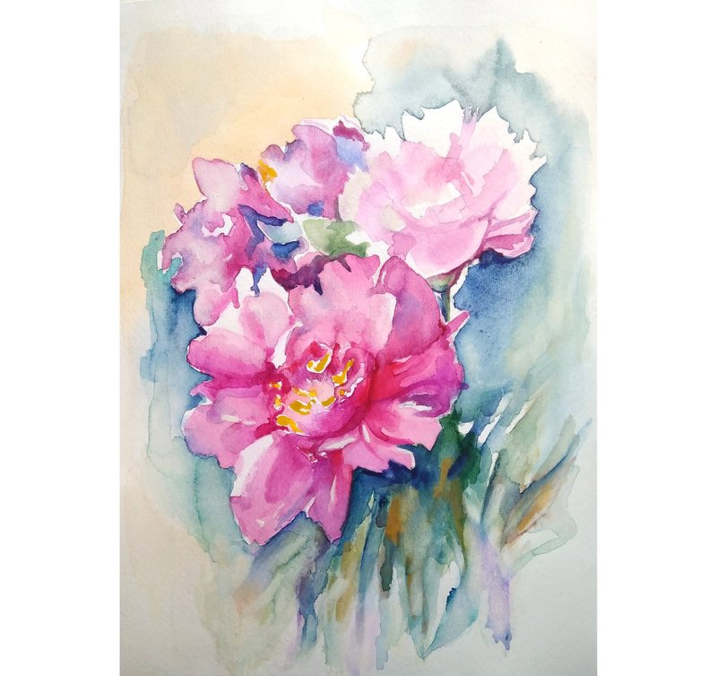 Peonies Watercolor Flower Original Artwork Floral Bouquet Wall Art. 手工水彩 原创水彩 - 海報/掛畫/掛布 - 紙 多色