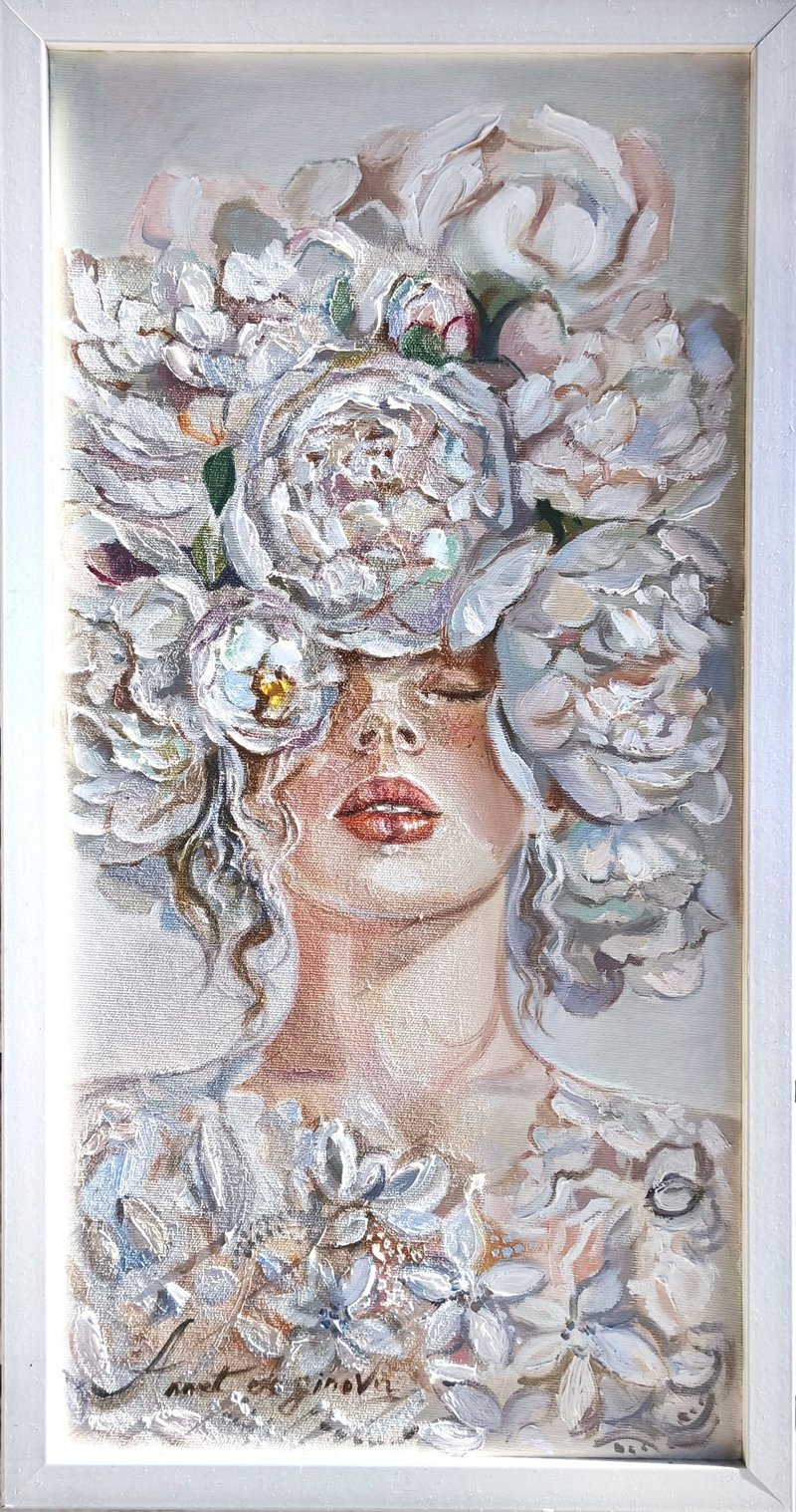 女性優雅白花女士 牡丹花原創 - 壁貼/牆壁裝飾 - 其他材質 卡其色
