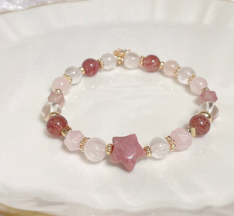 Love/Interpersonal/Star Rhodonite/Strawberry Quartz/Pink Quartz/White Quartz/14K Color-Retaining Elastic Bracelet - Bracelets - Other Metals White