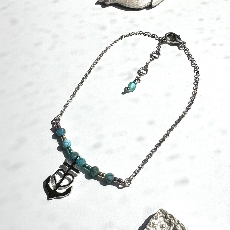 Anklet Turquise Anchor Summer Jewelry Handmade Rhodium Plated Plating - 手鍊/手環 - 石頭 藍色