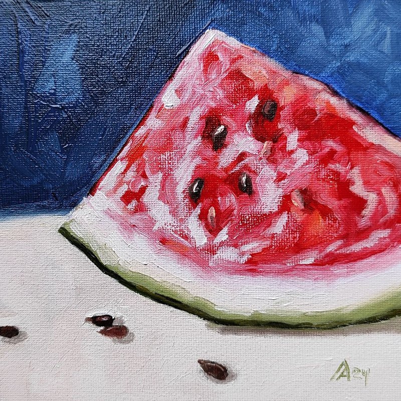 Watermelon painting original oil art still life 15 by 15 cm fruit artwork - Posters - Other Materials Red