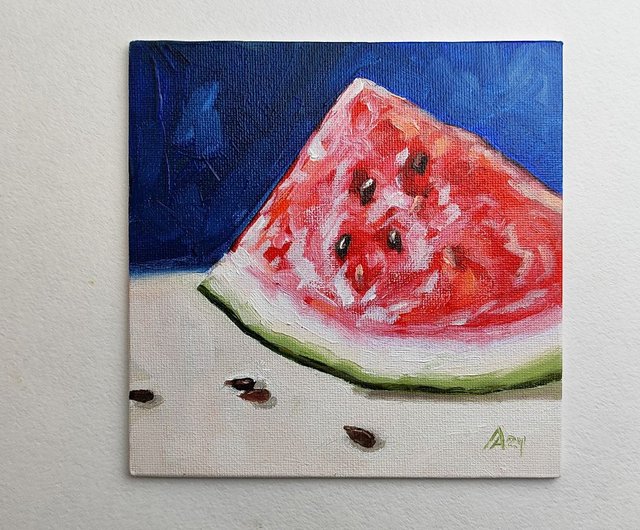 スイカの絵オリジナル オイル アート静物画 15 x 15 cm フルーツ