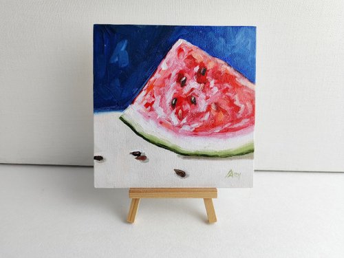 スイカの絵オリジナル オイル アート静物画 15 x 15 cm フルーツ