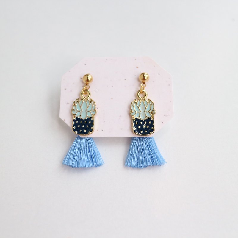 sky blue sea Cactus Succulents plants tassel cute earrings birthday gift  - Earrings & Clip-ons - Thread Blue