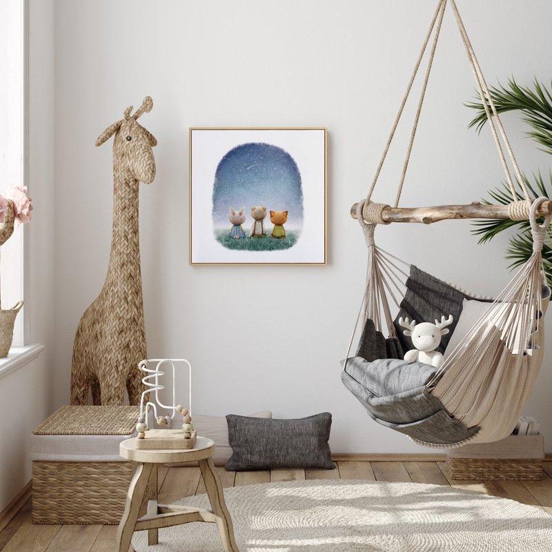 Let's make a wish together - Cute animal's, illustration , Wall decor - โปสเตอร์ - ผ้าฝ้าย/ผ้าลินิน สีน้ำเงิน