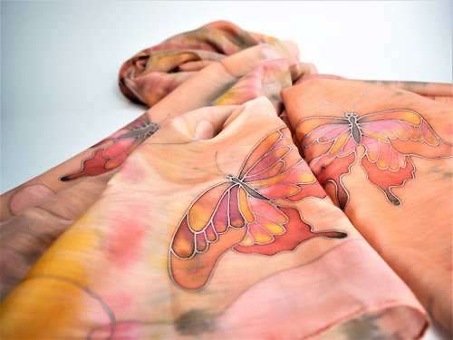 Enya Hand dyed pink and orange head scarf Silk cotton scarf Butterfly fashion scarf
