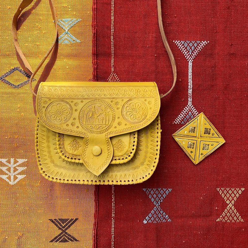 摩洛哥 手工 番紅花 黃駱駝包 - 側背包/斜孭袋 - 真皮 黃色