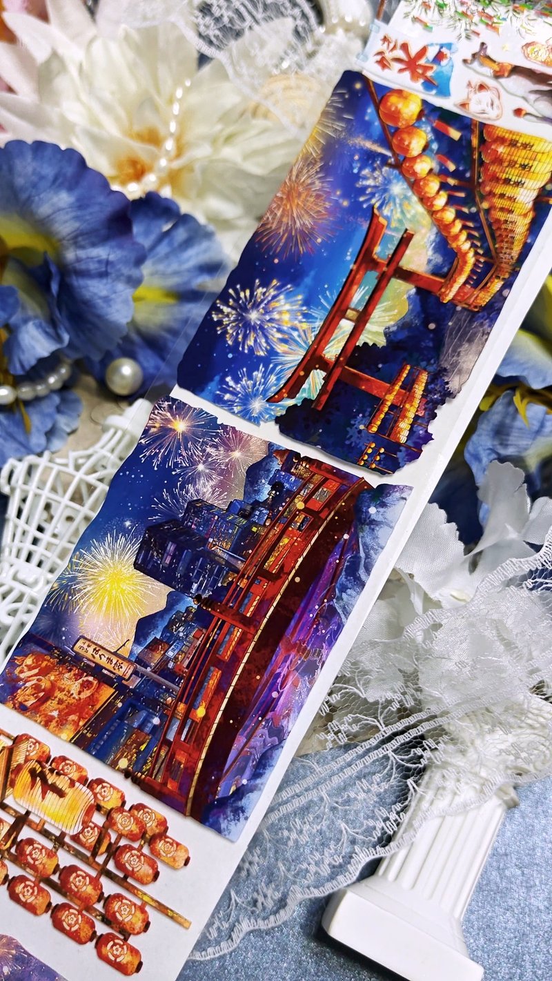 夜宴花火祭 PET 紙膠帶 5米卷 - 紙膠帶/和紙/PET - 其他材質 多色