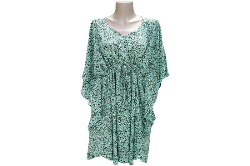 Coral Print Butterfly Sleeve One Piece Dress <Green> - ชุดเดรส - วัสดุอื่นๆ สีเขียว