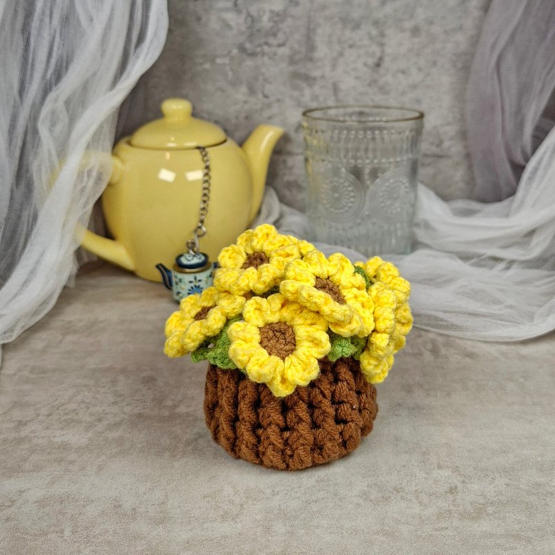 向日葵盆花杯墊 鉤織杯墊 情人節禮物 母親節 生日禮物 - 杯墊 - 棉．麻 橘色