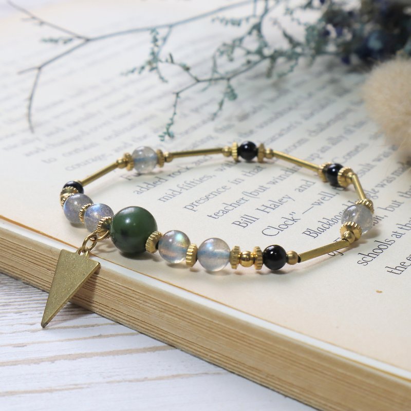 Love triangle Bronze bracelet labradorite / old Taiwan jade / black onyx Mother's Day gift customized - Bracelets - Copper & Brass Gray